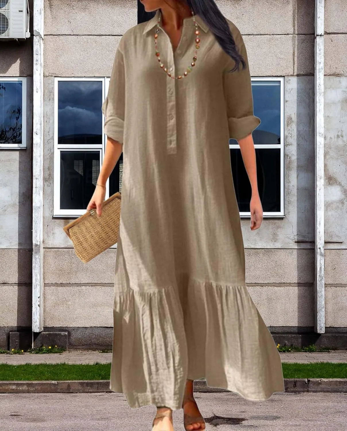 Womens Cotton Linen Dress Lapel Collared Long Sleeve Flowy Hemline Shirt Dresses Casual Loose Summer Ankle Skirts