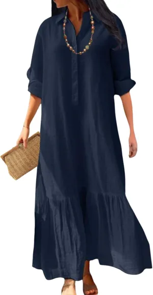 Womens Cotton Linen Dress Lapel Collared Long Sleeve Flowy Hemline Shirt Dresses Casual Loose Summer Ankle Skirts