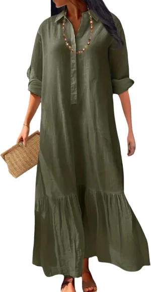 Womens Cotton Linen Dress Lapel Collared Long Sleeve Flowy Hemline Shirt Dresses Casual Loose Summer Ankle Skirts