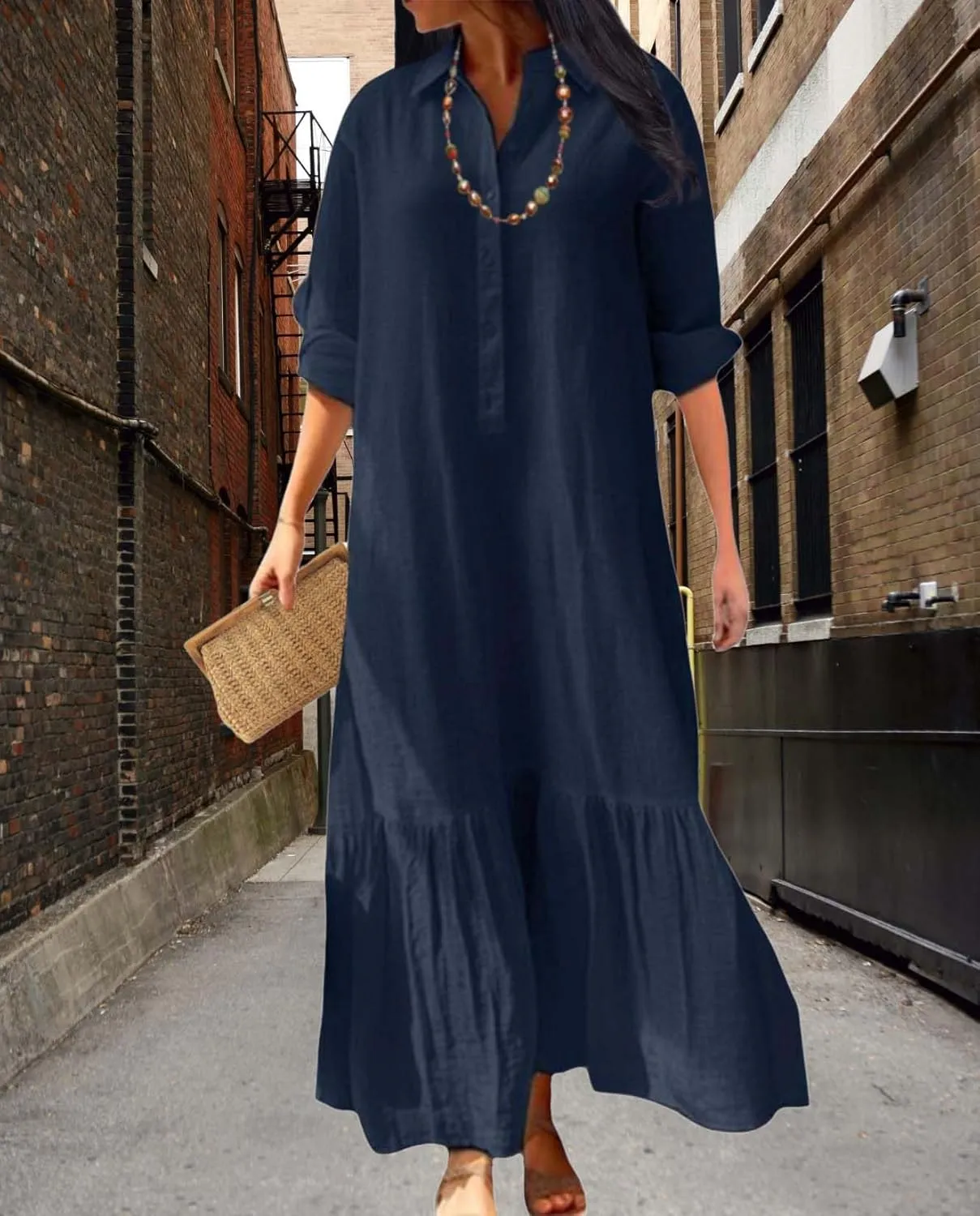 Womens Cotton Linen Dress Lapel Collared Long Sleeve Flowy Hemline Shirt Dresses Casual Loose Summer Ankle Skirts
