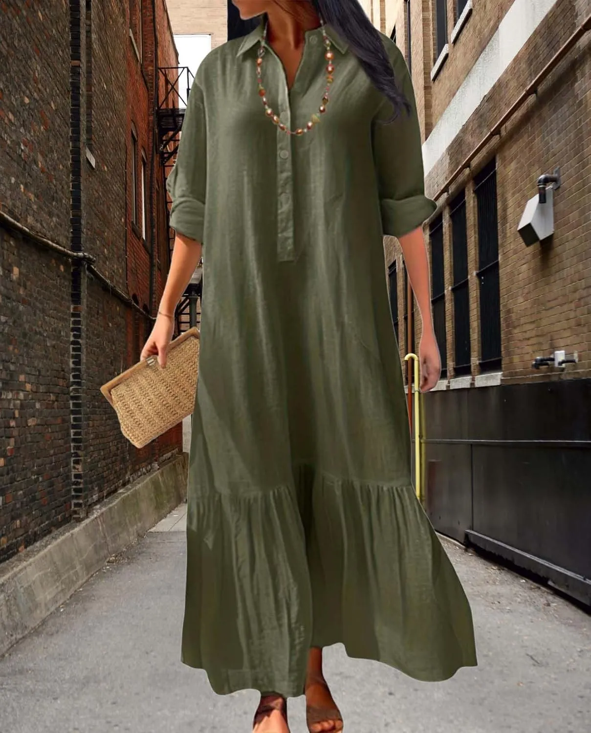 Womens Cotton Linen Dress Lapel Collared Long Sleeve Flowy Hemline Shirt Dresses Casual Loose Summer Ankle Skirts