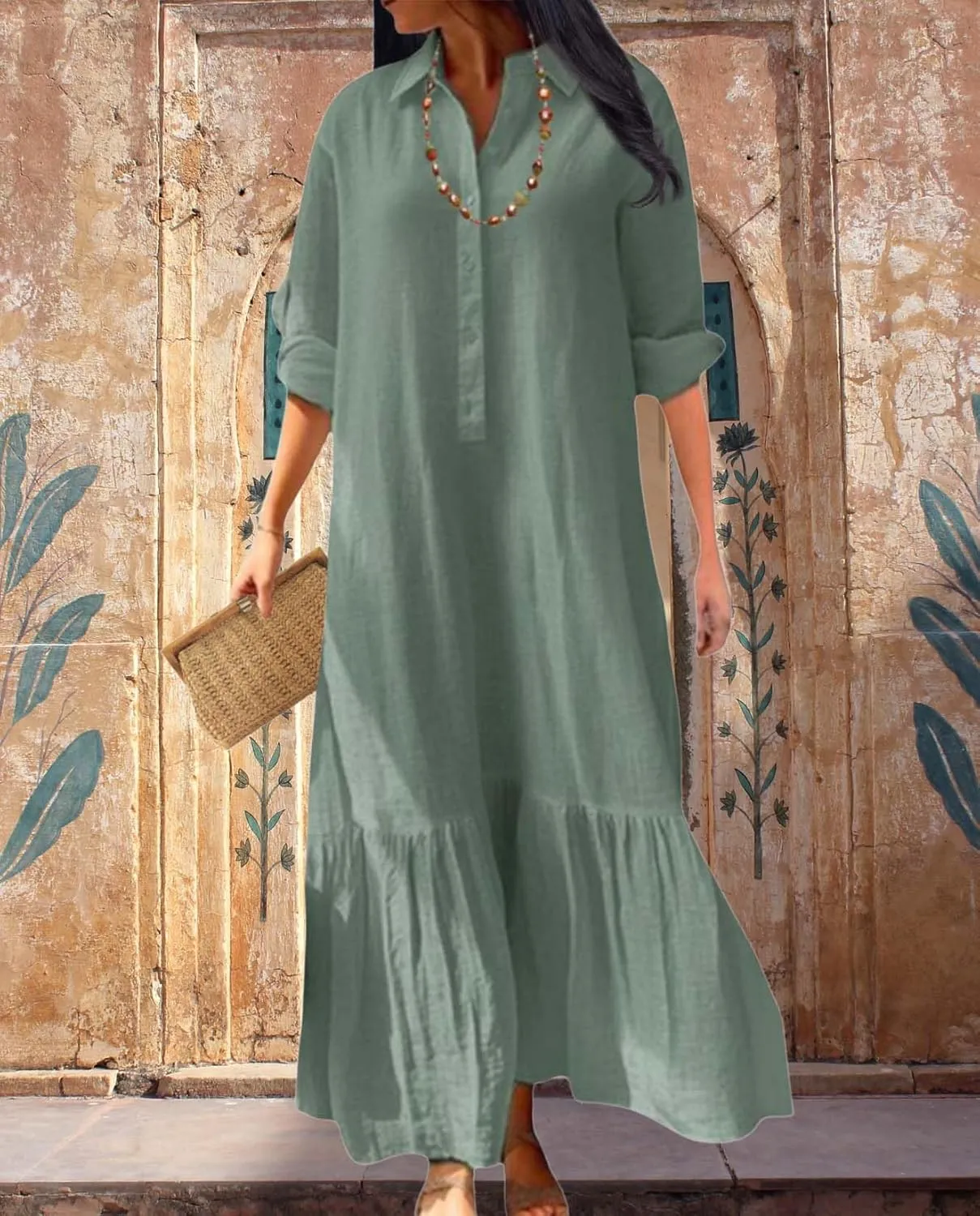 Womens Cotton Linen Dress Lapel Collared Long Sleeve Flowy Hemline Shirt Dresses Casual Loose Summer Ankle Skirts