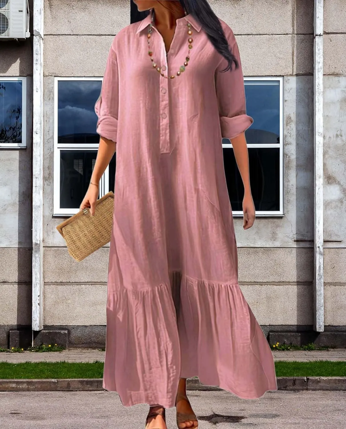 Womens Cotton Linen Dress Lapel Collared Long Sleeve Flowy Hemline Shirt Dresses Casual Loose Summer Ankle Skirts