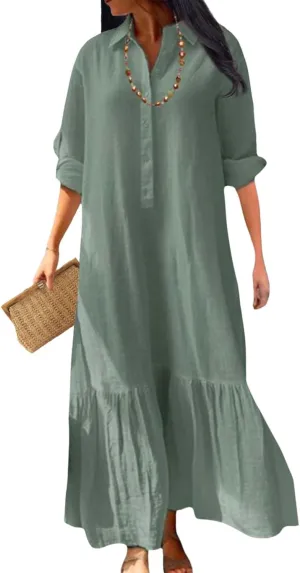 Womens Cotton Linen Dress Lapel Collared Long Sleeve Flowy Hemline Shirt Dresses Casual Loose Summer Ankle Skirts