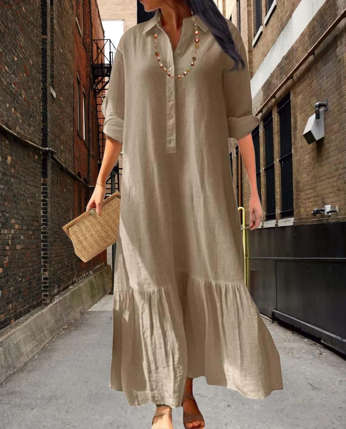 Womens Cotton Linen Dress Lapel Collared Long Sleeve Flowy Hemline Shirt Dresses Casual Loose Summer Ankle Skirts
