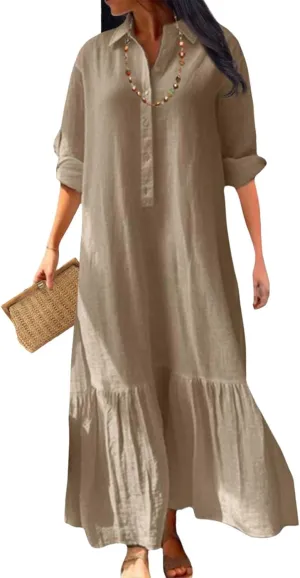 Womens Cotton Linen Dress Lapel Collared Long Sleeve Flowy Hemline Shirt Dresses Casual Loose Summer Ankle Skirts
