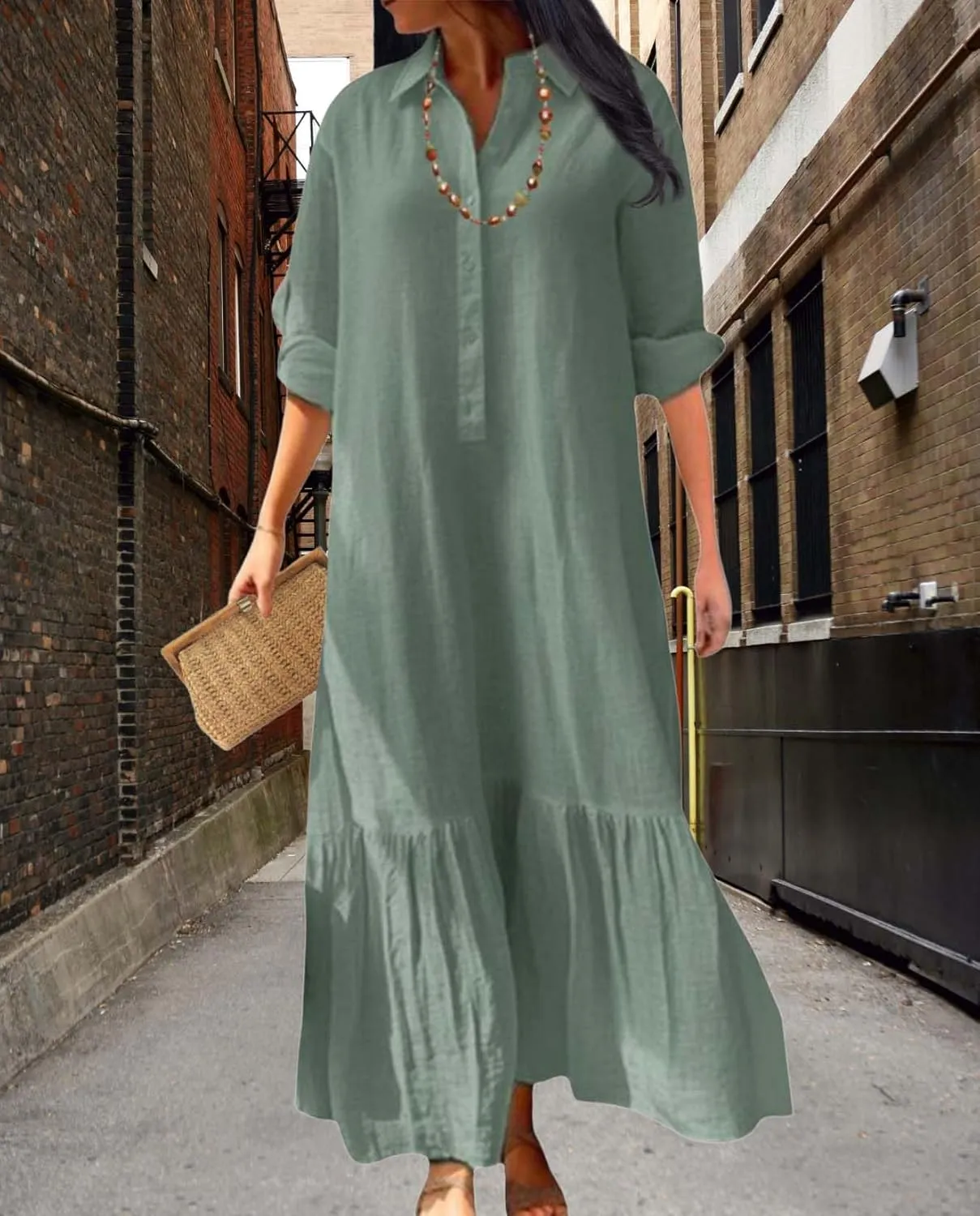 Womens Cotton Linen Dress Lapel Collared Long Sleeve Flowy Hemline Shirt Dresses Casual Loose Summer Ankle Skirts