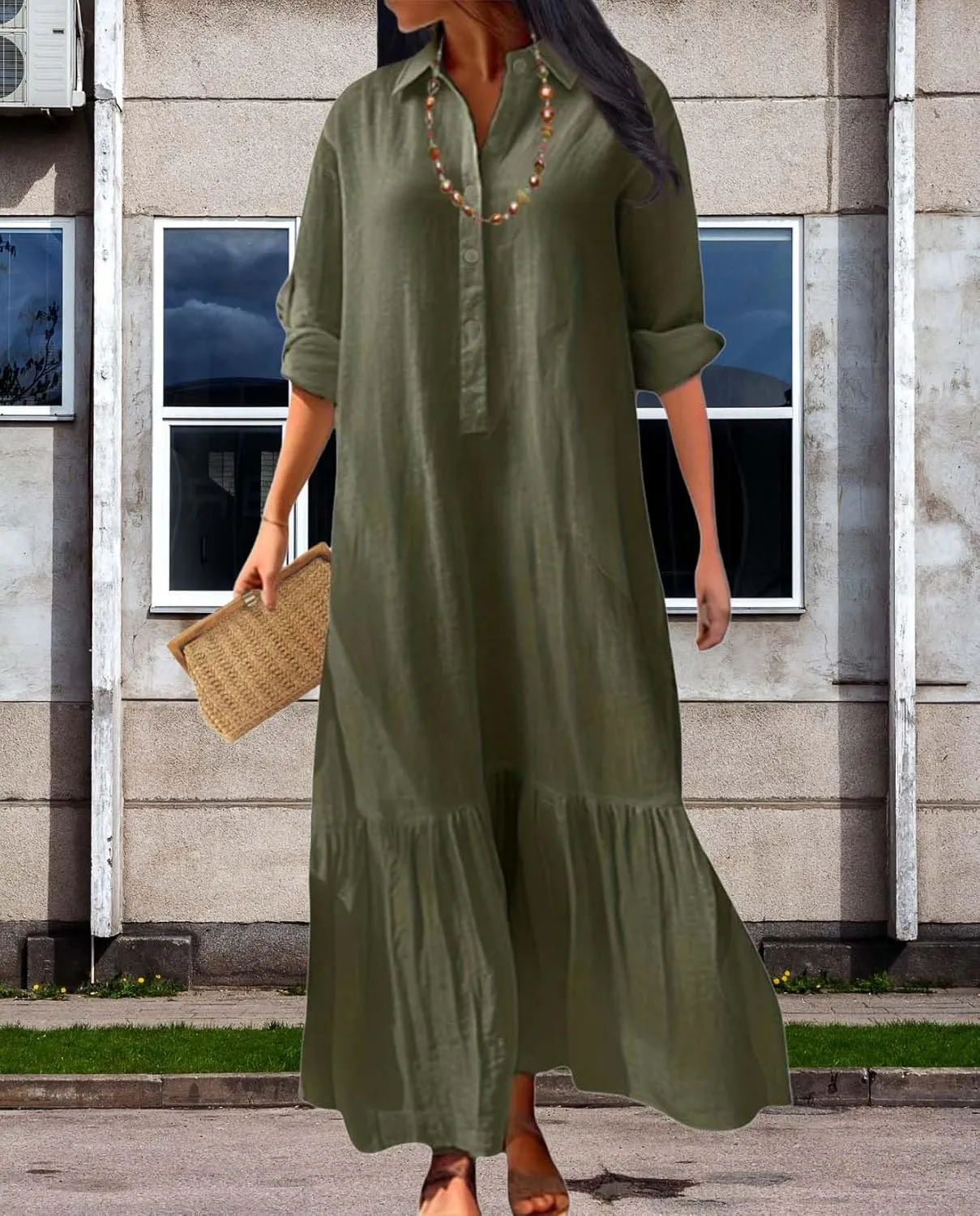 Womens Cotton Linen Dress Lapel Collared Long Sleeve Flowy Hemline Shirt Dresses Casual Loose Summer Ankle Skirts
