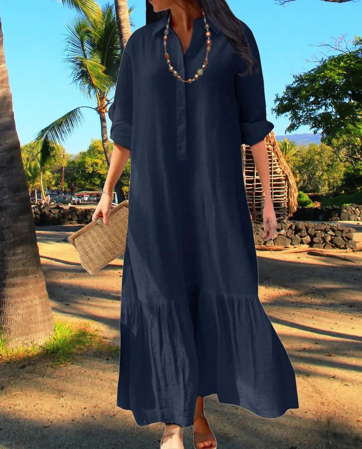 Womens Cotton Linen Dress Lapel Collared Long Sleeve Flowy Hemline Shirt Dresses Casual Loose Summer Ankle Skirts