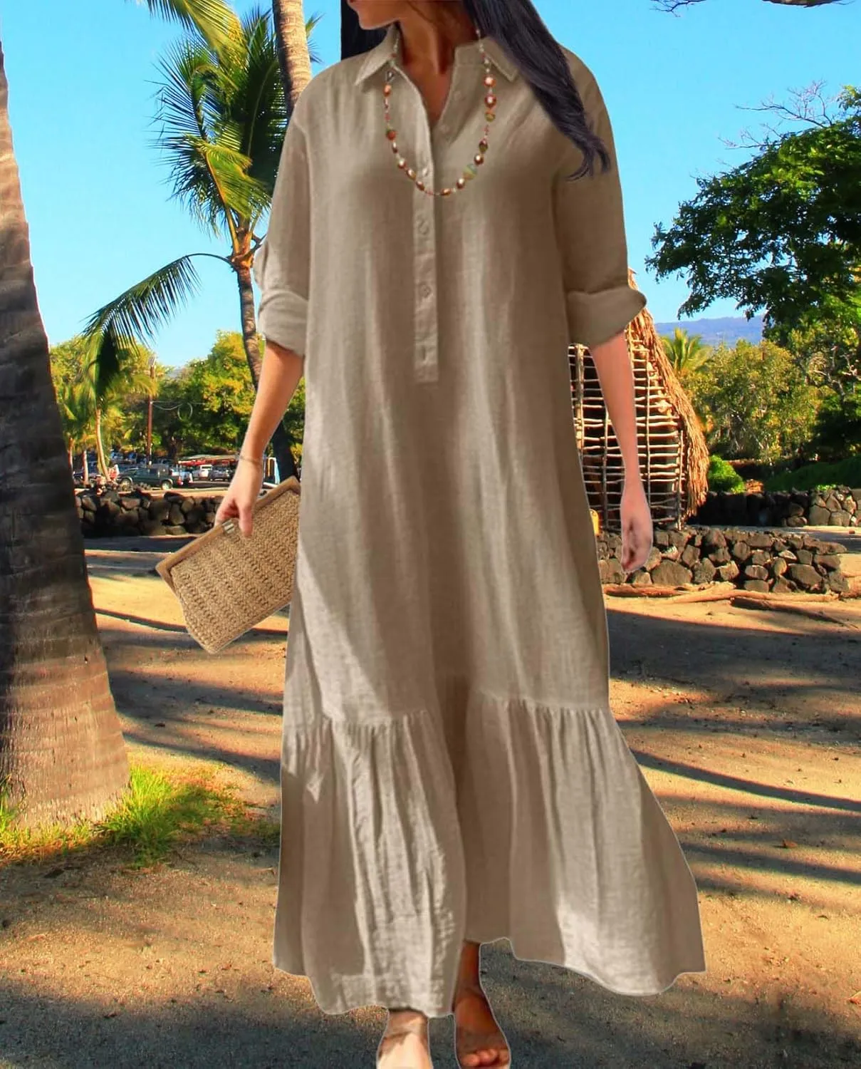 Womens Cotton Linen Dress Lapel Collared Long Sleeve Flowy Hemline Shirt Dresses Casual Loose Summer Ankle Skirts