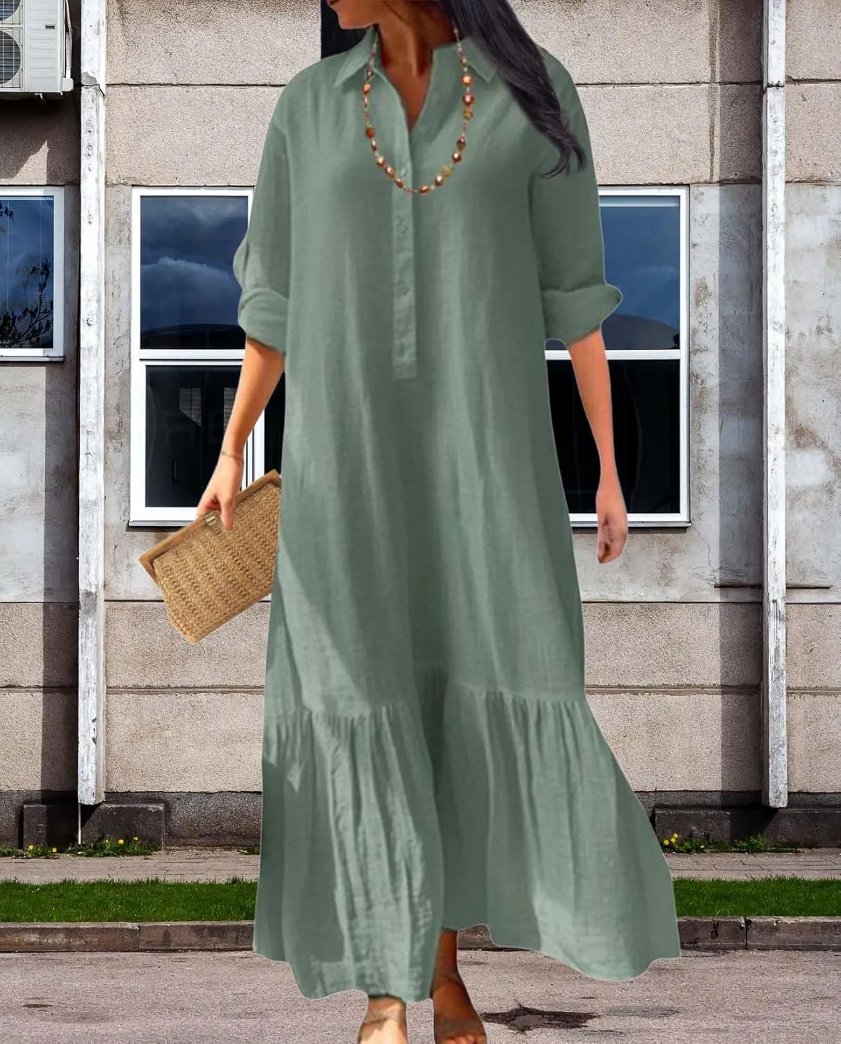 Womens Cotton Linen Dress Lapel Collared Long Sleeve Flowy Hemline Shirt Dresses Casual Loose Summer Ankle Skirts