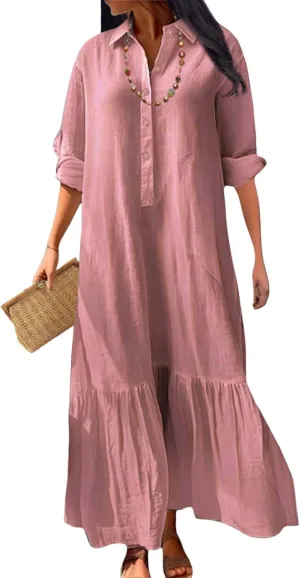 Womens Cotton Linen Dress Lapel Collared Long Sleeve Flowy Hemline Shirt Dresses Casual Loose Summer Ankle Skirts