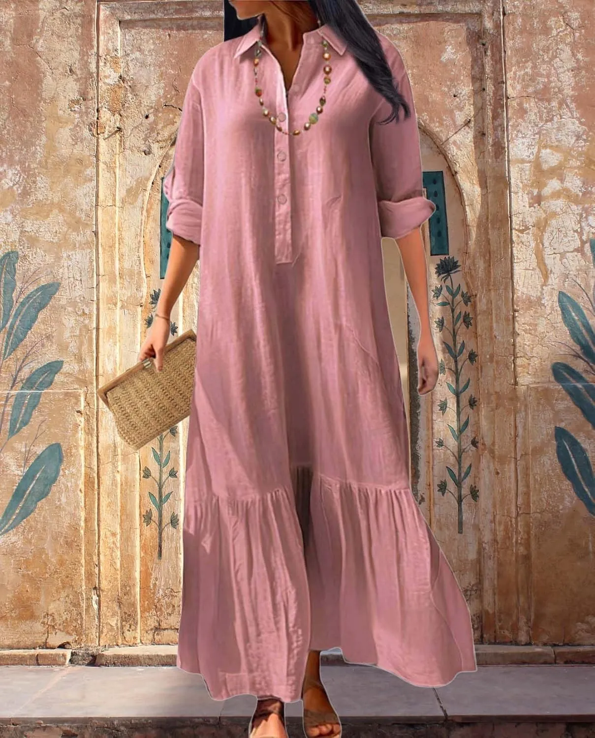 Womens Cotton Linen Dress Lapel Collared Long Sleeve Flowy Hemline Shirt Dresses Casual Loose Summer Ankle Skirts