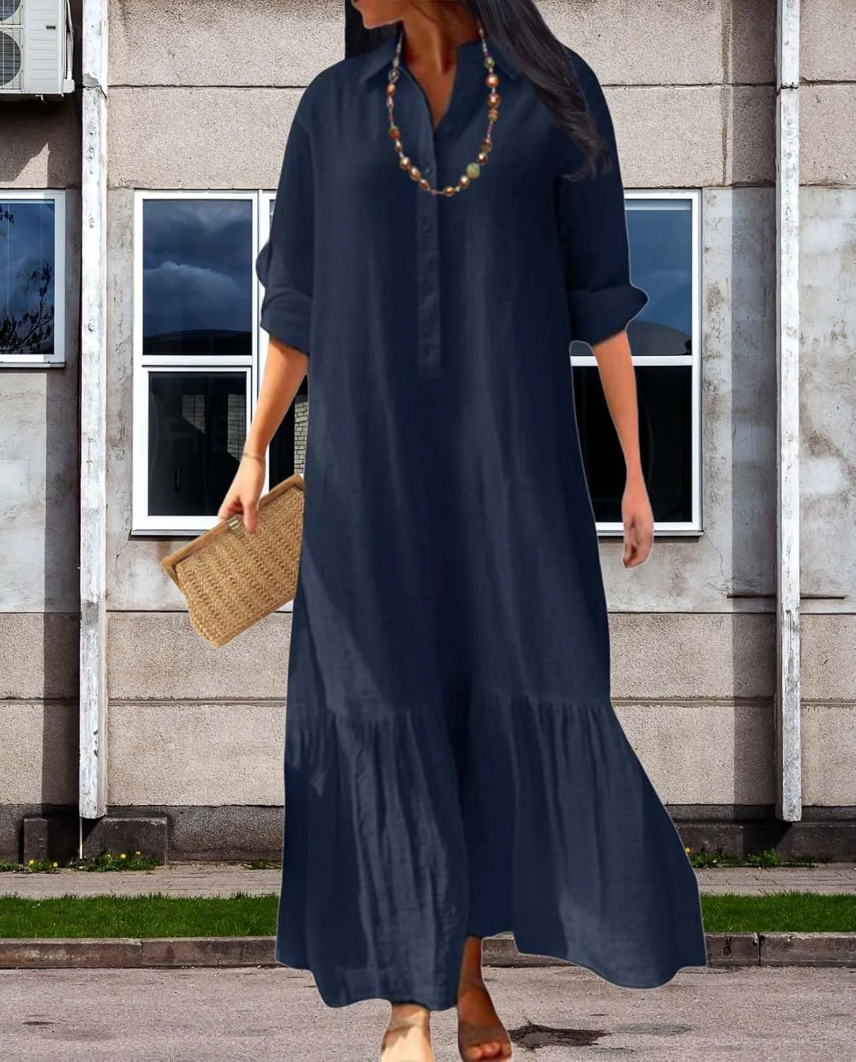 Womens Cotton Linen Dress Lapel Collared Long Sleeve Flowy Hemline Shirt Dresses Casual Loose Summer Ankle Skirts