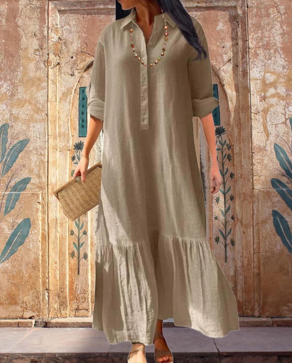 Womens Cotton Linen Dress Lapel Collared Long Sleeve Flowy Hemline Shirt Dresses Casual Loose Summer Ankle Skirts