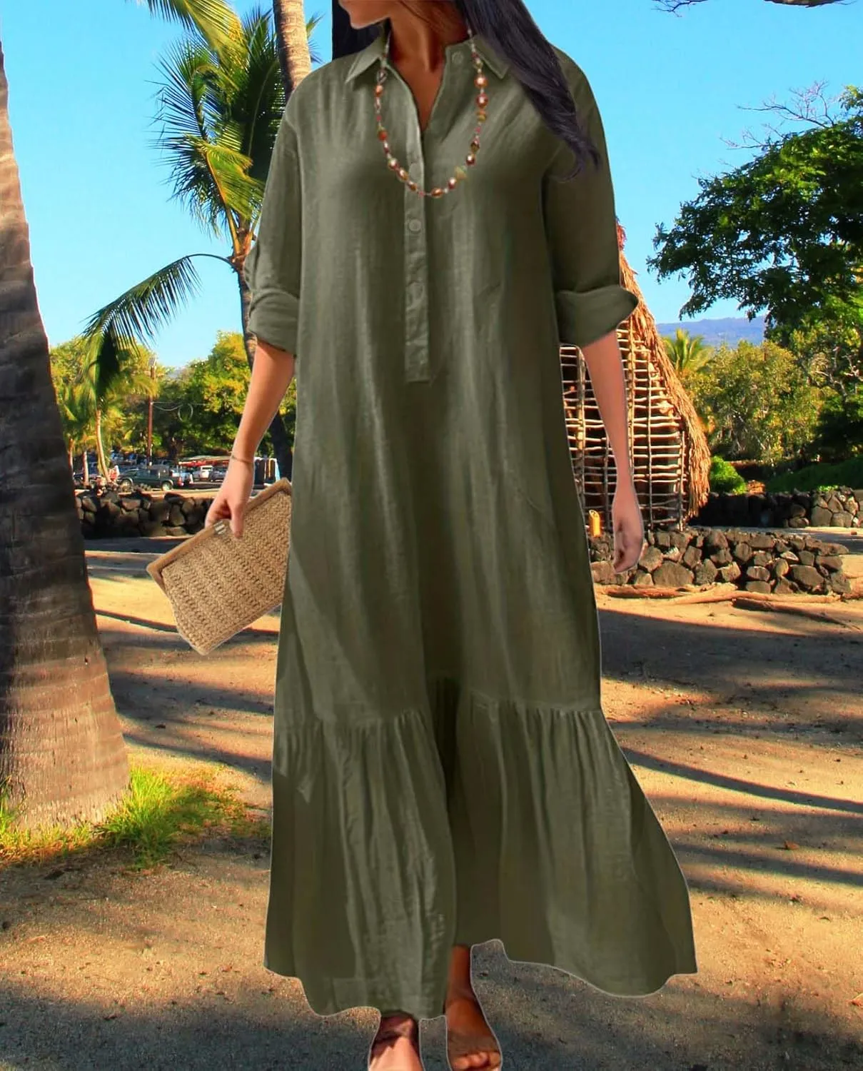 Womens Cotton Linen Dress Lapel Collared Long Sleeve Flowy Hemline Shirt Dresses Casual Loose Summer Ankle Skirts