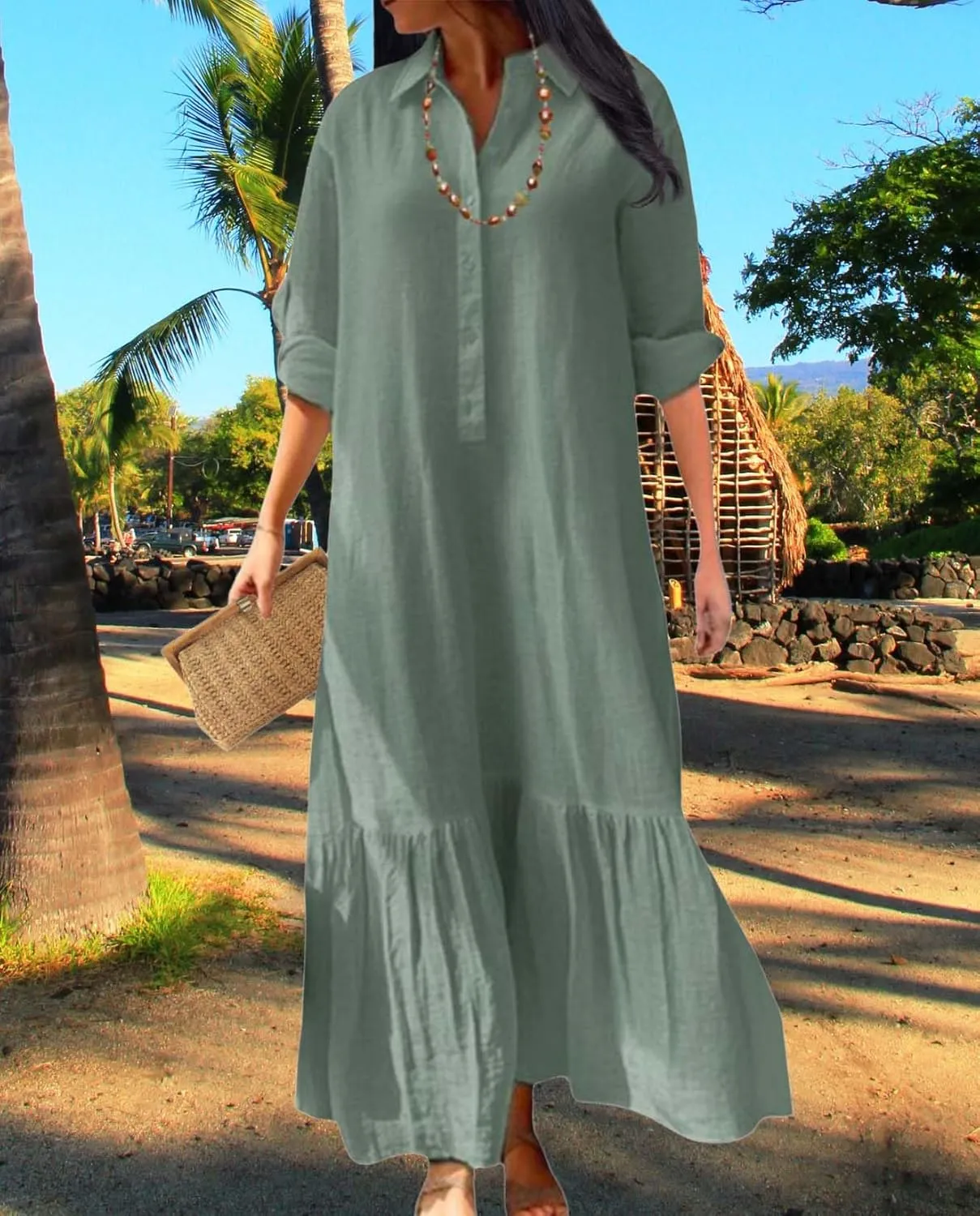 Womens Cotton Linen Dress Lapel Collared Long Sleeve Flowy Hemline Shirt Dresses Casual Loose Summer Ankle Skirts