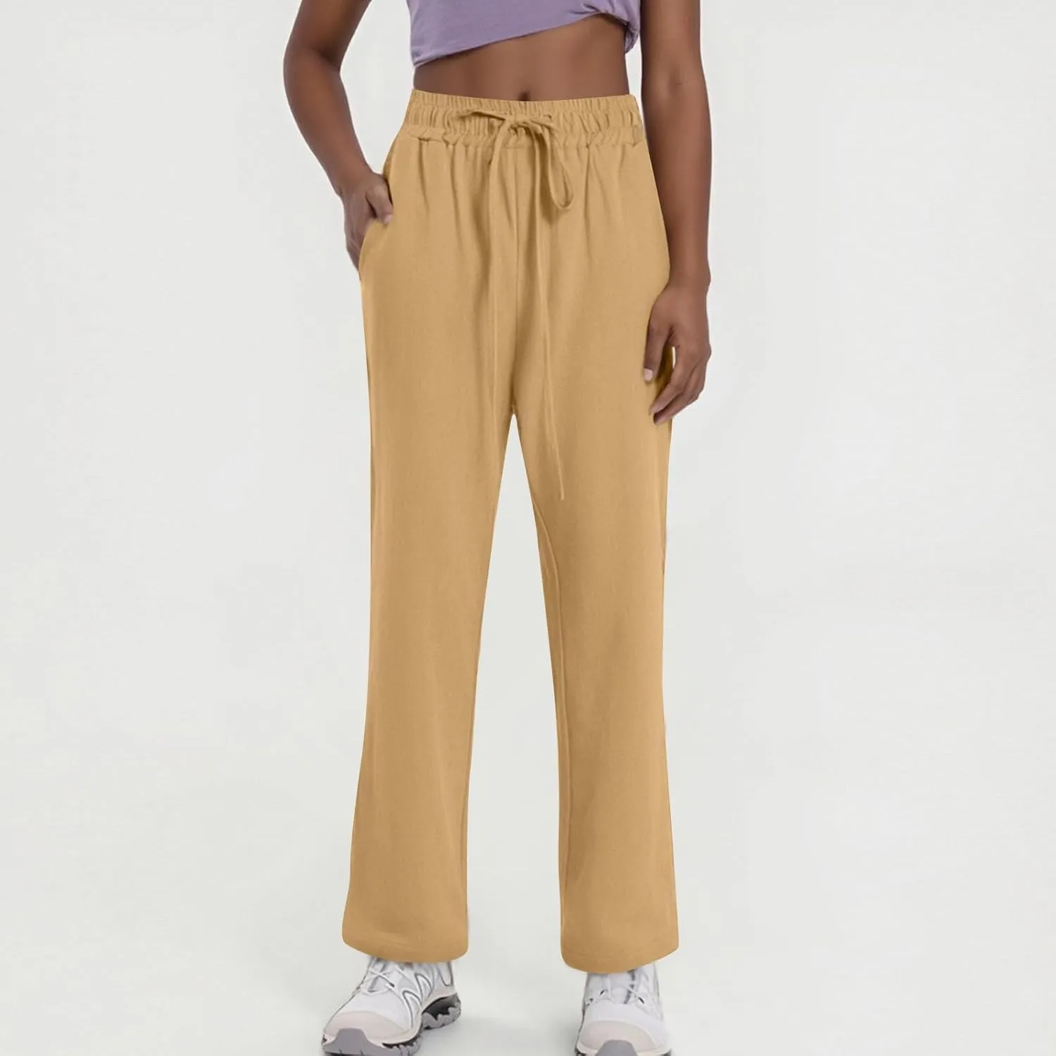Women's Cotton Linen Pants Casual Summer Elastic Waisted Straight Leg Trousers Loose Beach Cropped Pants with Pockets
