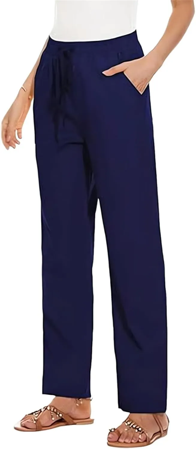 Women's Cotton Linen Pants Casual Summer Elastic Waisted Straight Leg Trousers Loose Beach Cropped Pants with Pockets