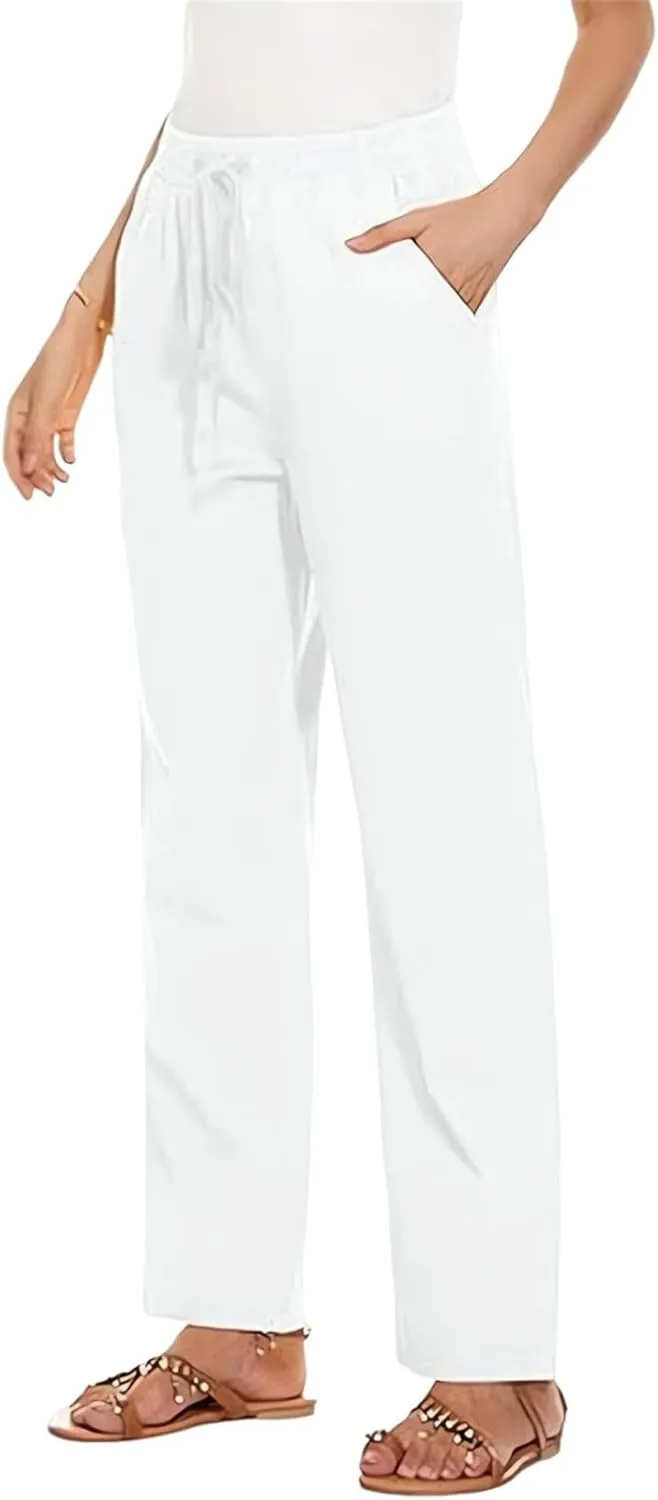 Women's Cotton Linen Pants Casual Summer Elastic Waisted Straight Leg Trousers Loose Beach Cropped Pants with Pockets