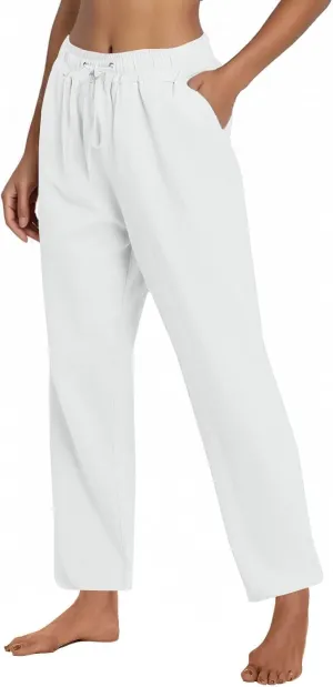 Women's Cotton Linen Pants Casual Summer Elastic Waisted Straight Leg Trousers Loose Beach Cropped Pants with Pockets