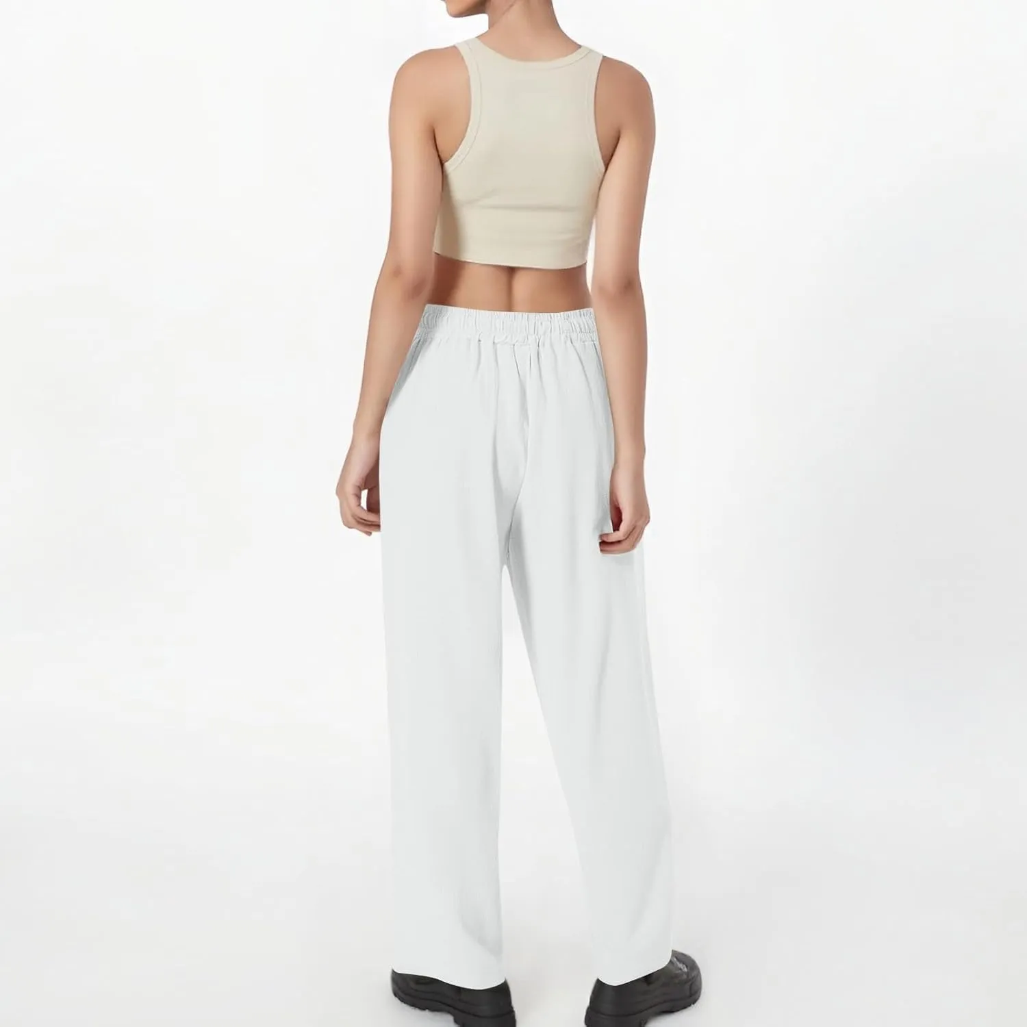 Women's Cotton Linen Pants Casual Summer Elastic Waisted Straight Leg Trousers Loose Beach Cropped Pants with Pockets