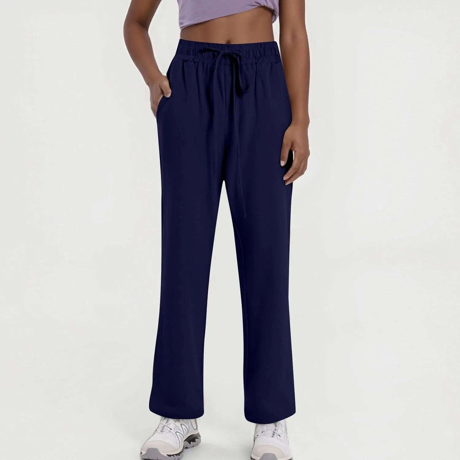 Women's Cotton Linen Pants Casual Summer Elastic Waisted Straight Leg Trousers Loose Beach Cropped Pants with Pockets