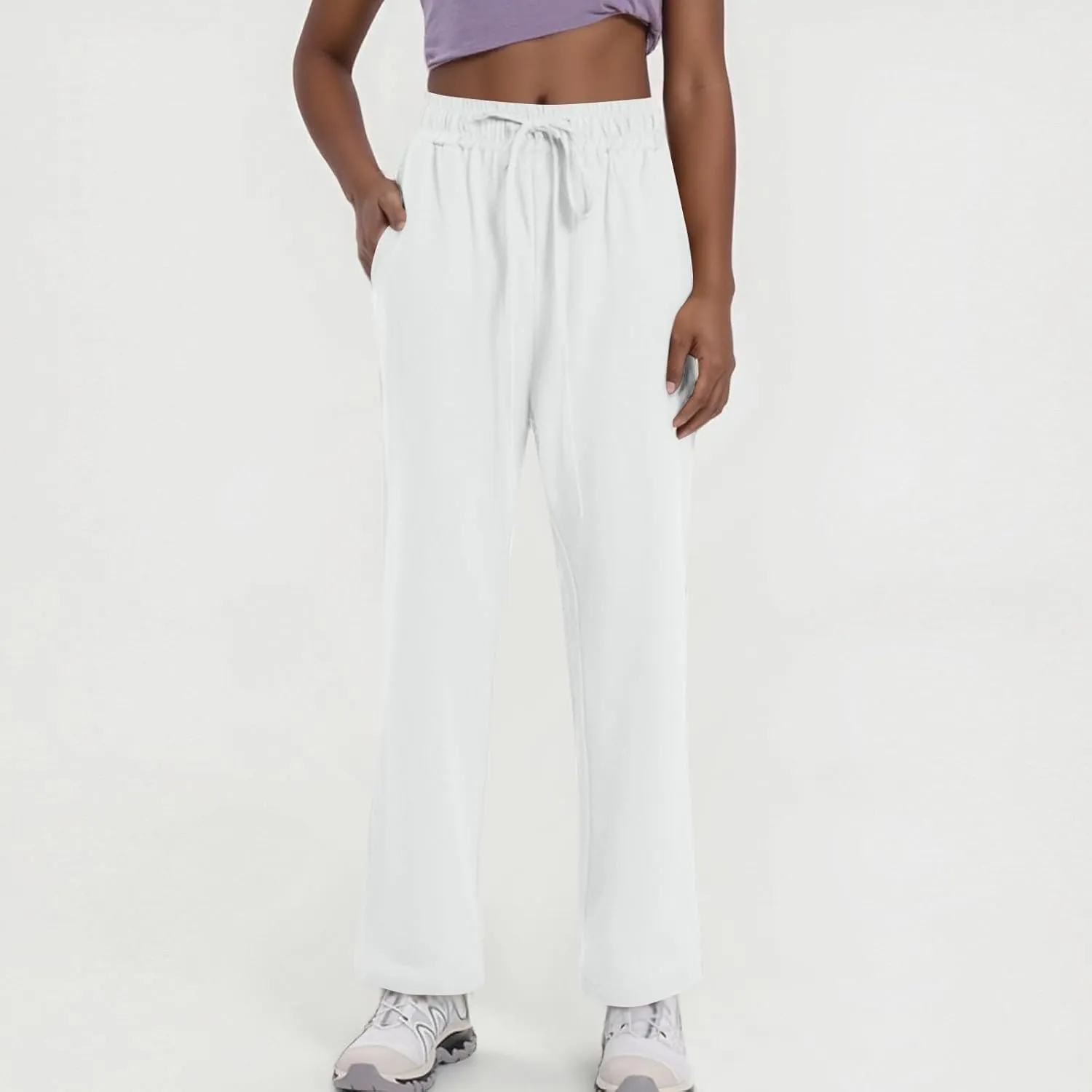 Women's Cotton Linen Pants Casual Summer Elastic Waisted Straight Leg Trousers Loose Beach Cropped Pants with Pockets