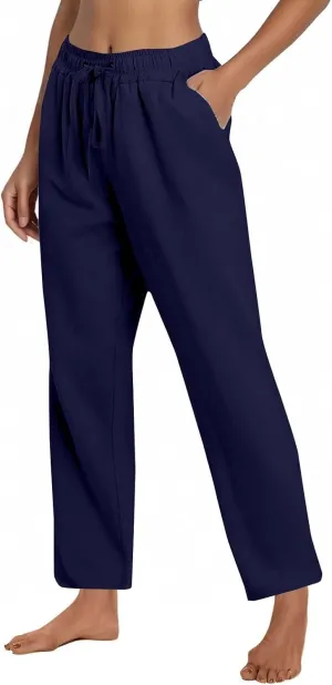 Women's Cotton Linen Pants Casual Summer Elastic Waisted Straight Leg Trousers Loose Beach Cropped Pants with Pockets