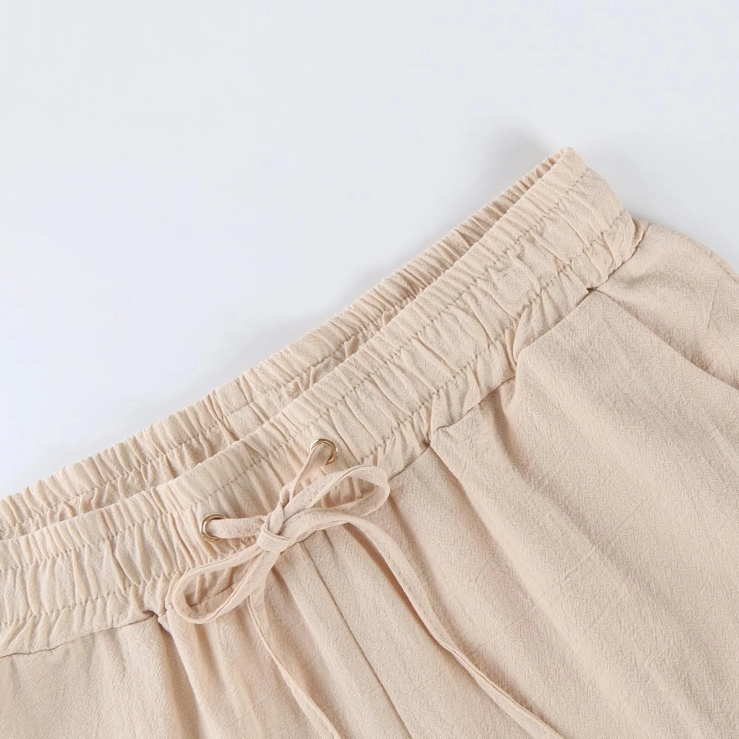 Women's Cotton Linen Pants Casual Summer Elastic Waisted Straight Leg Trousers Loose Beach Cropped Pants with Pockets