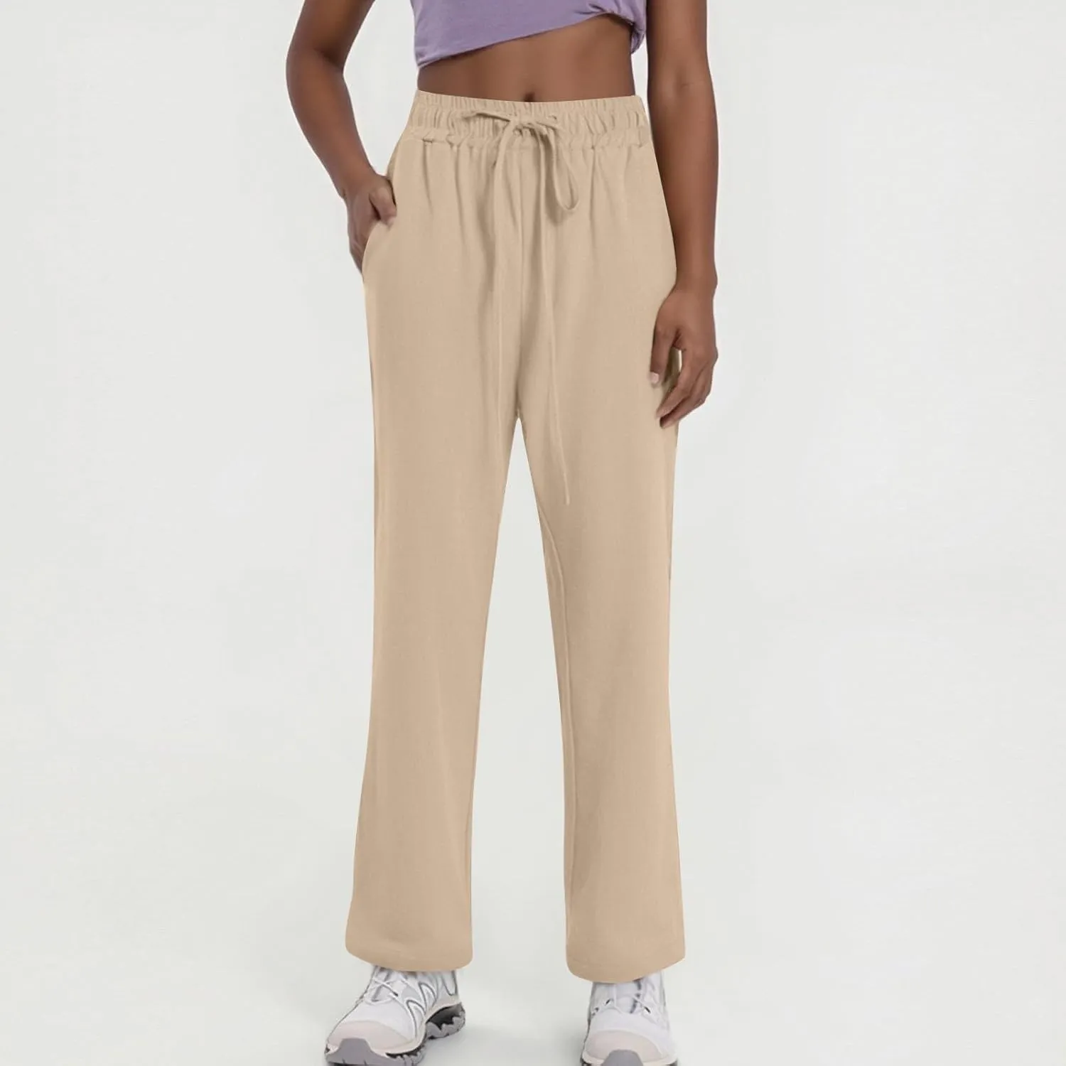 Women's Cotton Linen Pants Casual Summer Elastic Waisted Straight Leg Trousers Loose Beach Cropped Pants with Pockets