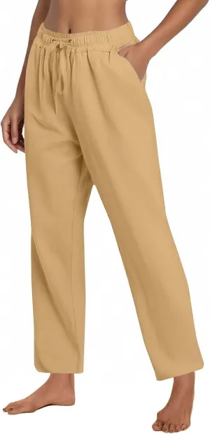 Women's Cotton Linen Pants Casual Summer Elastic Waisted Straight Leg Trousers Loose Beach Cropped Pants with Pockets