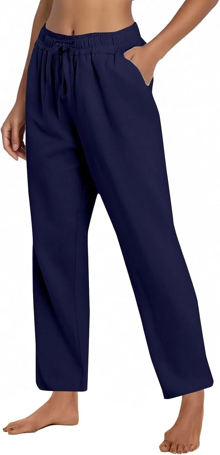 Women's Cotton Linen Pants Casual Summer Elastic Waisted Straight Leg Trousers Loose Beach Cropped Pants with Pockets