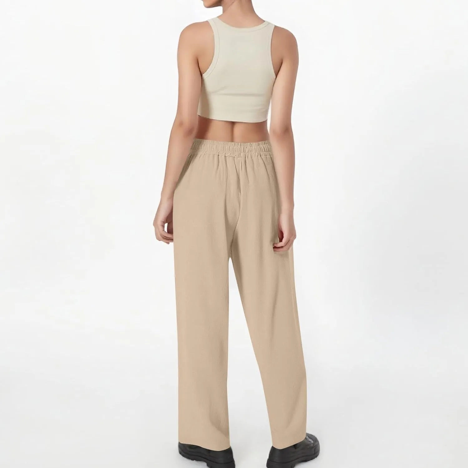 Women's Cotton Linen Pants Casual Summer Elastic Waisted Straight Leg Trousers Loose Beach Cropped Pants with Pockets
