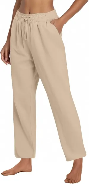 Women's Cotton Linen Pants Casual Summer Elastic Waisted Straight Leg Trousers Loose Beach Cropped Pants with Pockets