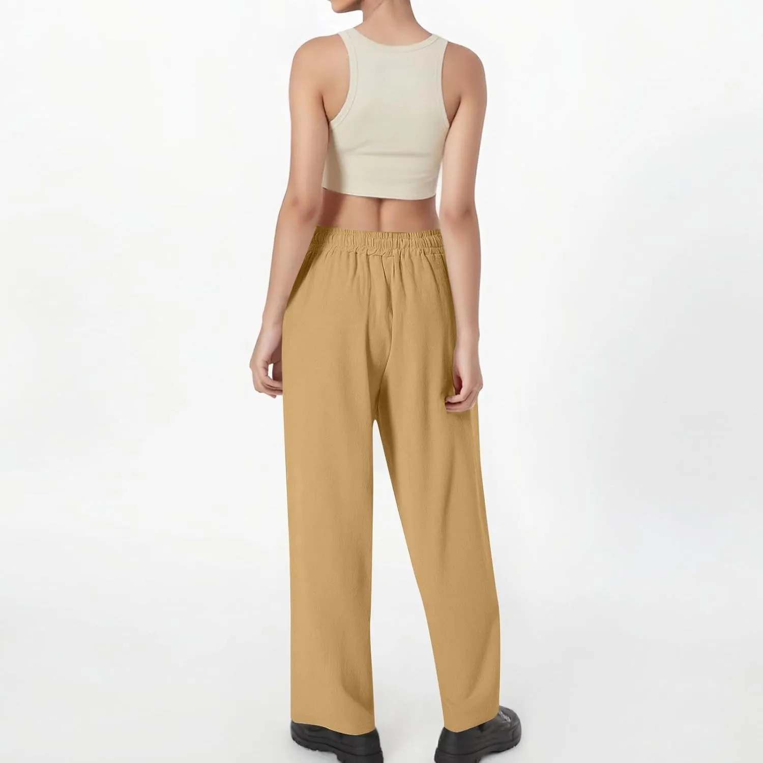 Women's Cotton Linen Pants Casual Summer Elastic Waisted Straight Leg Trousers Loose Beach Cropped Pants with Pockets
