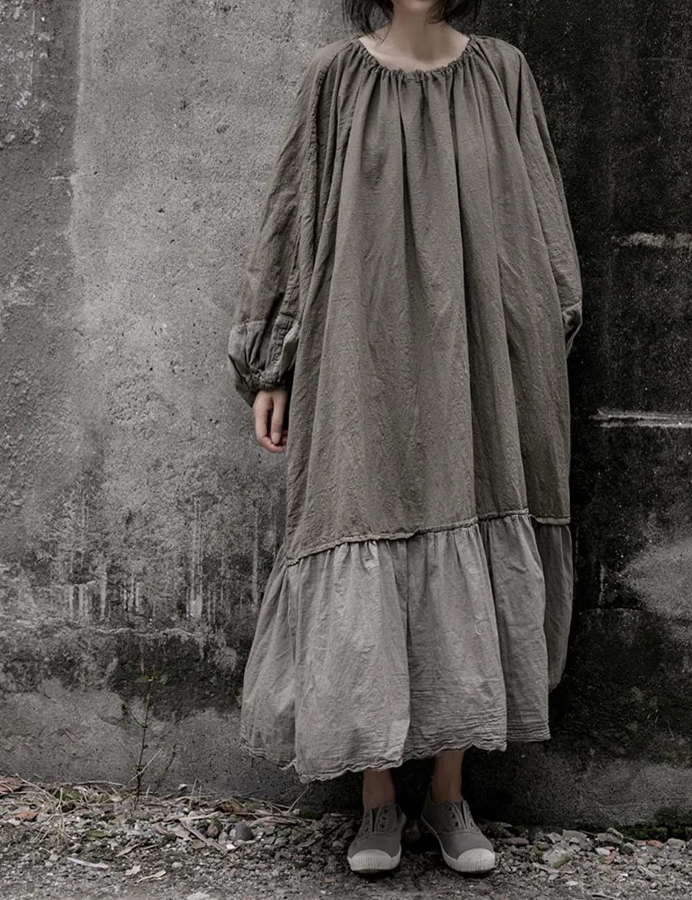 Women's Cotton Linen Ruffle Oversize Lantern Sleeve Drawstring Neck Casual Midi Baggy Dresses