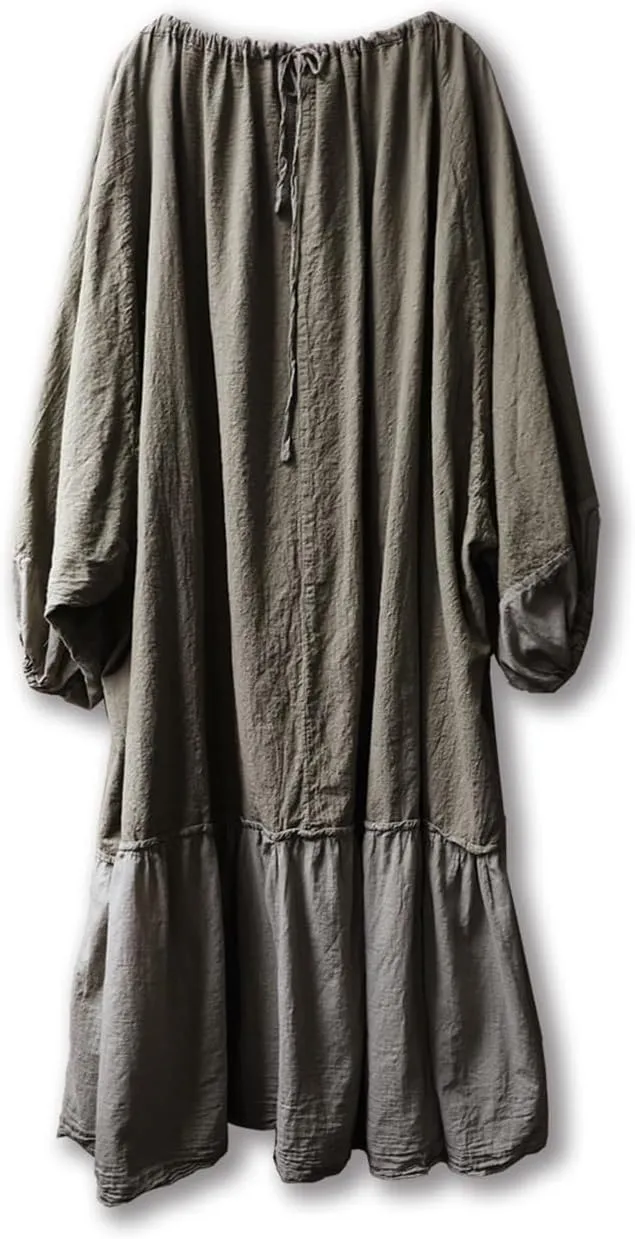 Women's Cotton Linen Ruffle Oversize Lantern Sleeve Drawstring Neck Casual Midi Baggy Dresses