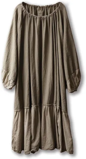 Women's Cotton Linen Ruffle Oversize Lantern Sleeve Drawstring Neck Casual Midi Baggy Dresses