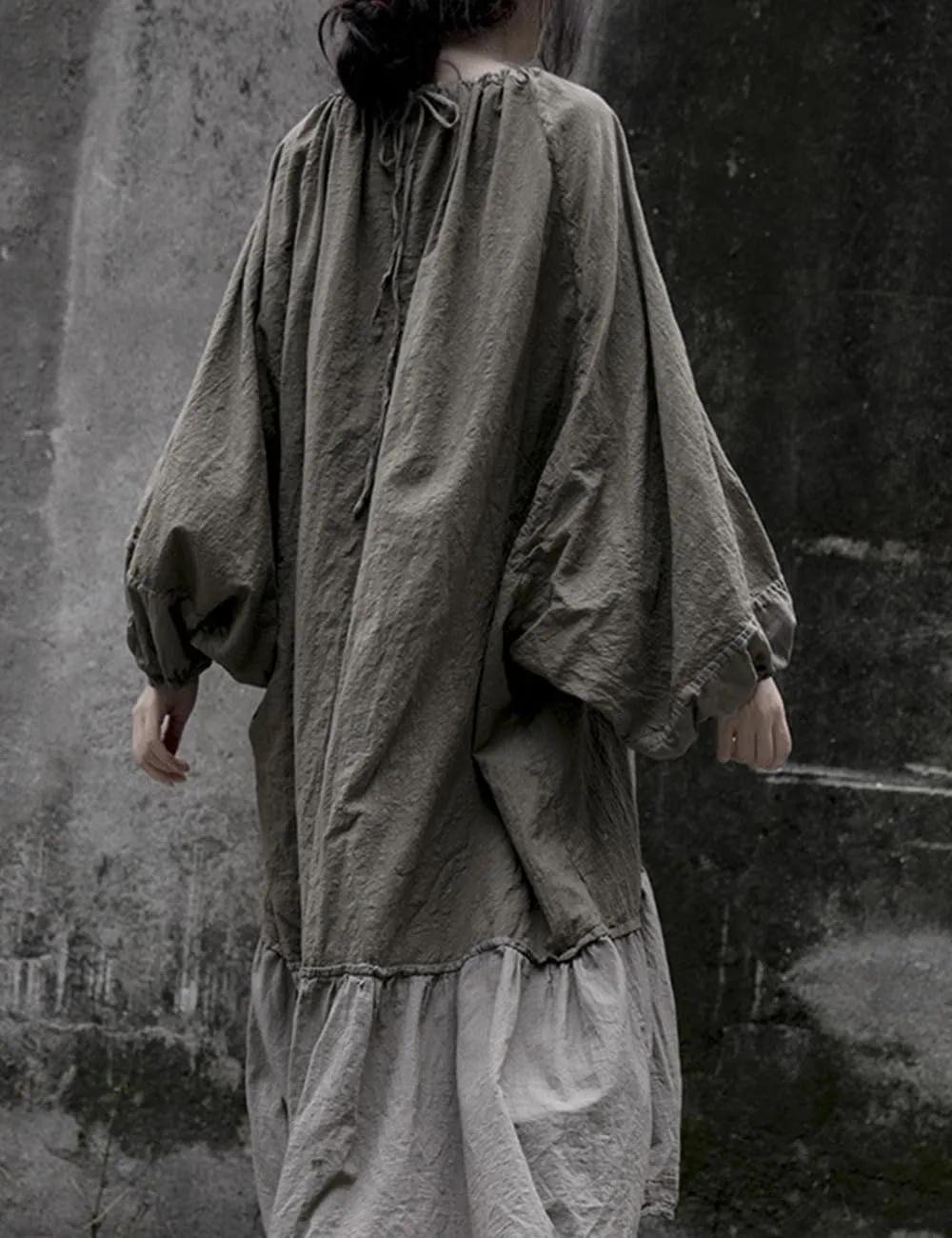 Women's Cotton Linen Ruffle Oversize Lantern Sleeve Drawstring Neck Casual Midi Baggy Dresses