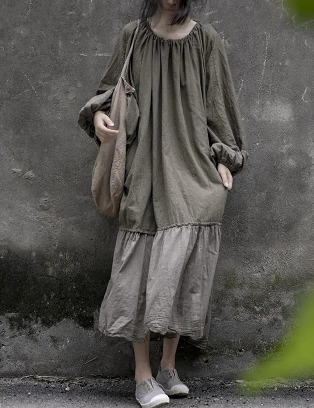 Women's Cotton Linen Ruffle Oversize Lantern Sleeve Drawstring Neck Casual Midi Baggy Dresses