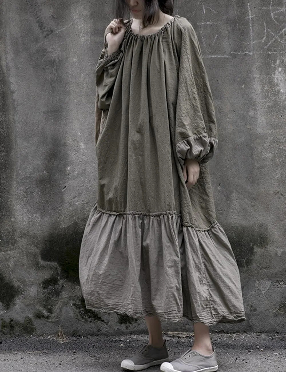 Women's Cotton Linen Ruffle Oversize Lantern Sleeve Drawstring Neck Casual Midi Baggy Dresses