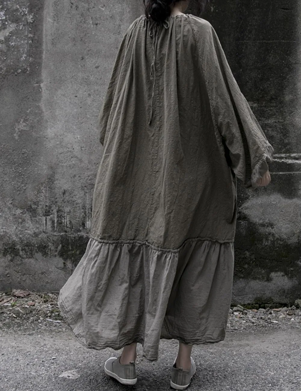 Women's Cotton Linen Ruffle Oversize Lantern Sleeve Drawstring Neck Casual Midi Baggy Dresses
