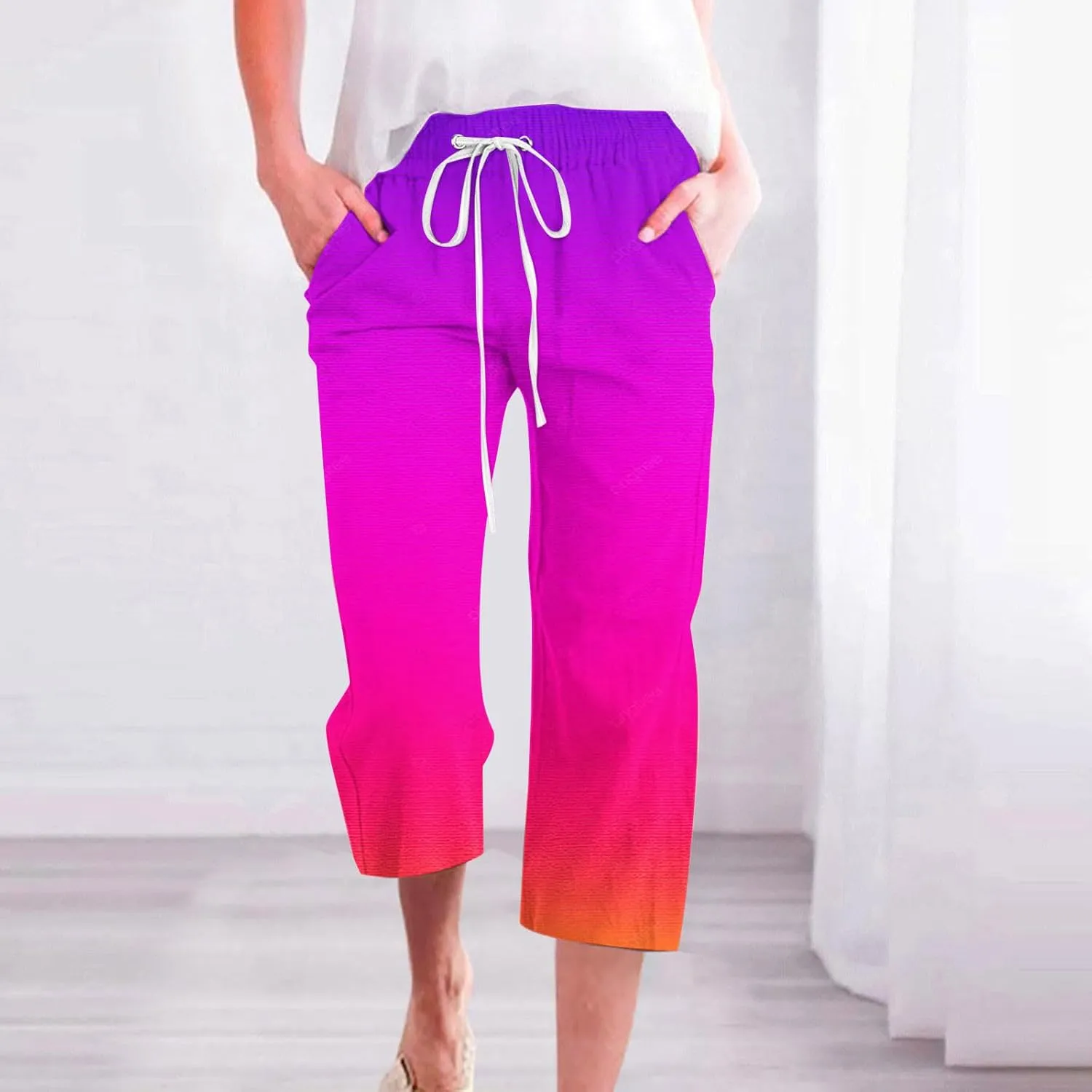 Womens Cotton Linen Trousers Gradient Color Capri Pants Elasticated Waist Summer Wide Leg Cropped Trouser with Pockets