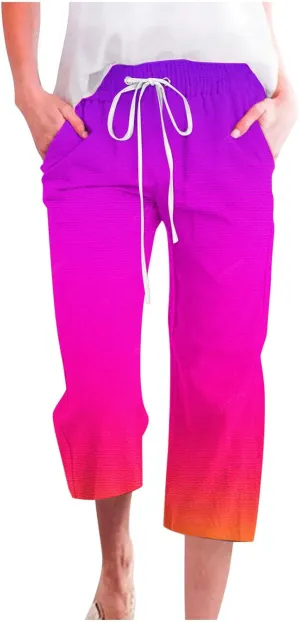 Womens Cotton Linen Trousers Gradient Color Capri Pants Elasticated Waist Summer Wide Leg Cropped Trouser with Pockets