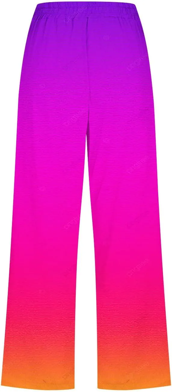 Womens Cotton Linen Trousers Gradient Color Capri Pants Elasticated Waist Summer Wide Leg Cropped Trouser with Pockets