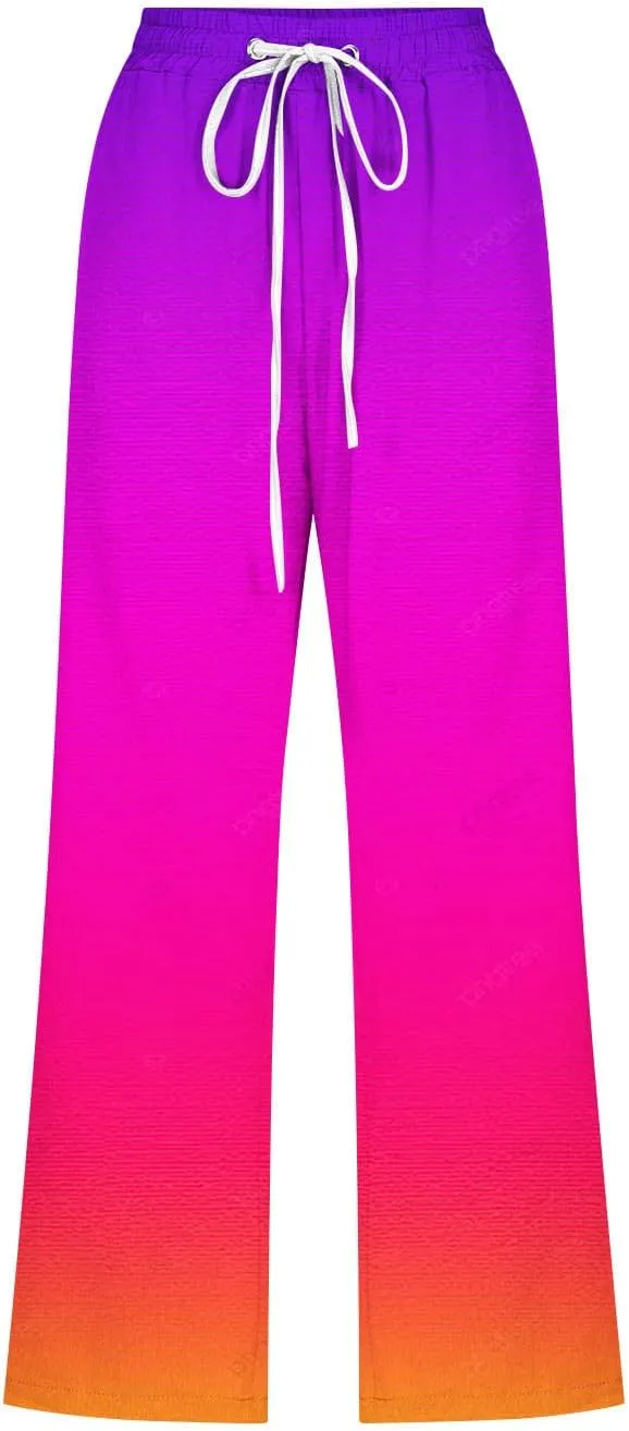 Womens Cotton Linen Trousers Gradient Color Capri Pants Elasticated Waist Summer Wide Leg Cropped Trouser with Pockets