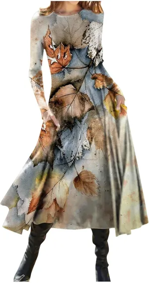 Womens Dresses Fall 2024 Fashion Floral Printed Long Dress Long Sleeve Round Neck Sundress