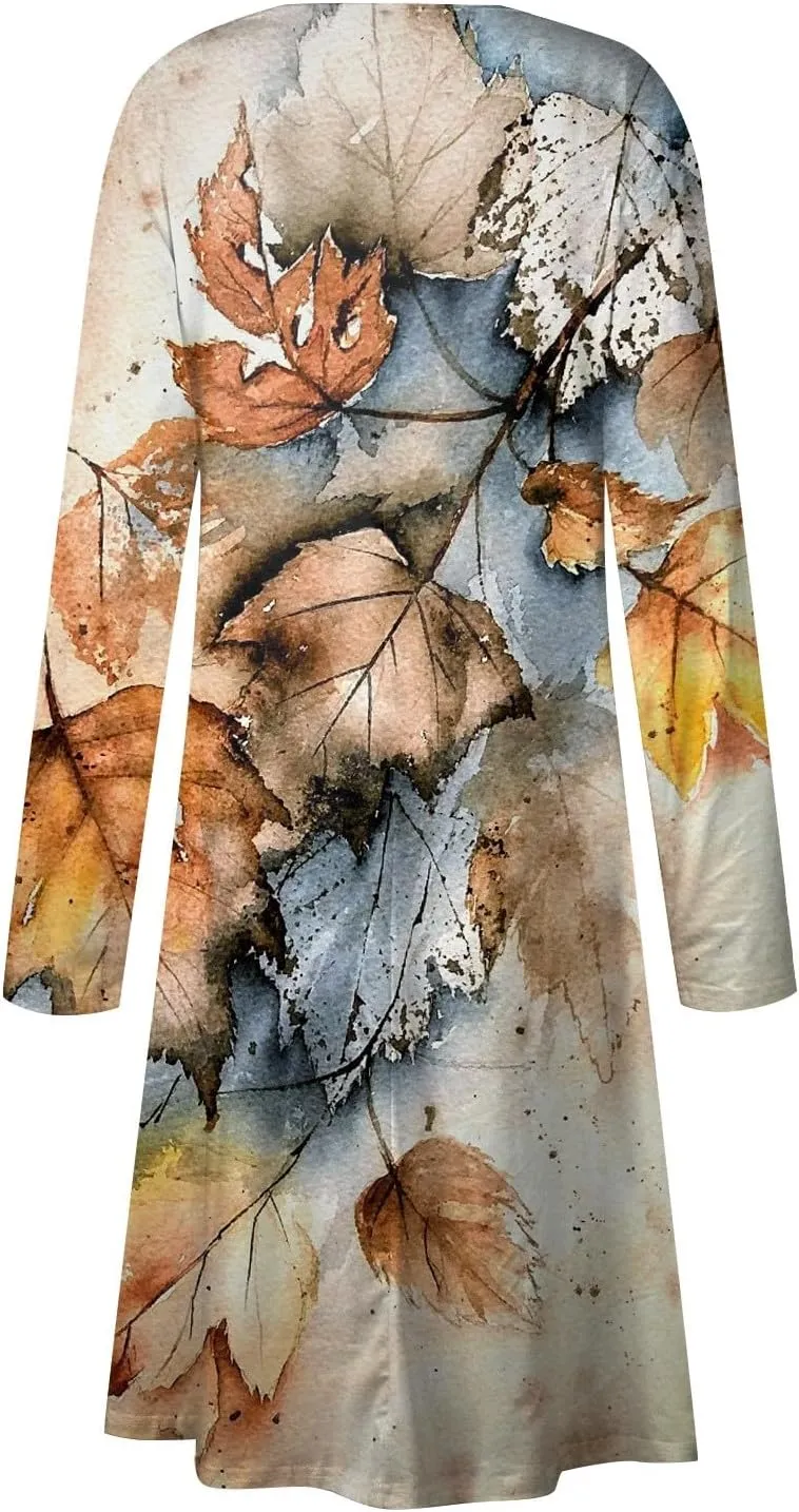 Womens Dresses Fall 2024 Fashion Floral Printed Long Dress Long Sleeve Round Neck Sundress