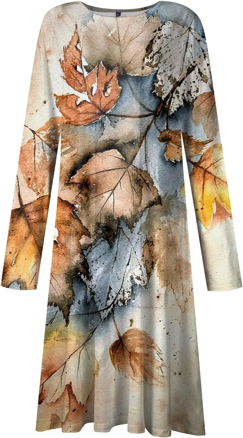 Womens Dresses Fall 2024 Fashion Floral Printed Long Dress Long Sleeve Round Neck Sundress
